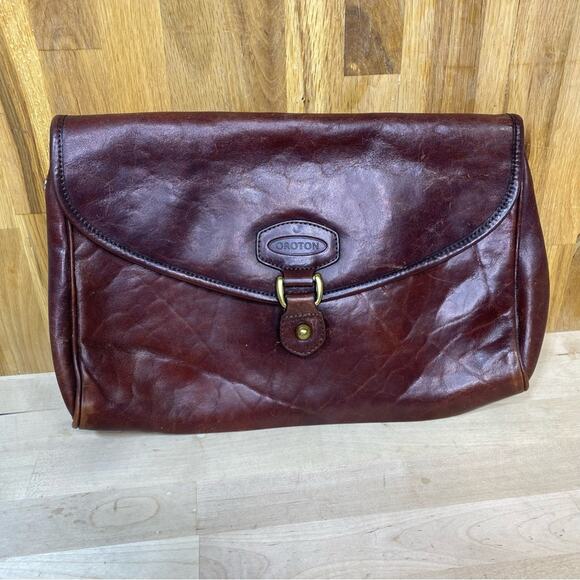 Oroton Vintage Brown Leather Envelop Snap Clutch - Picture 1 of 8